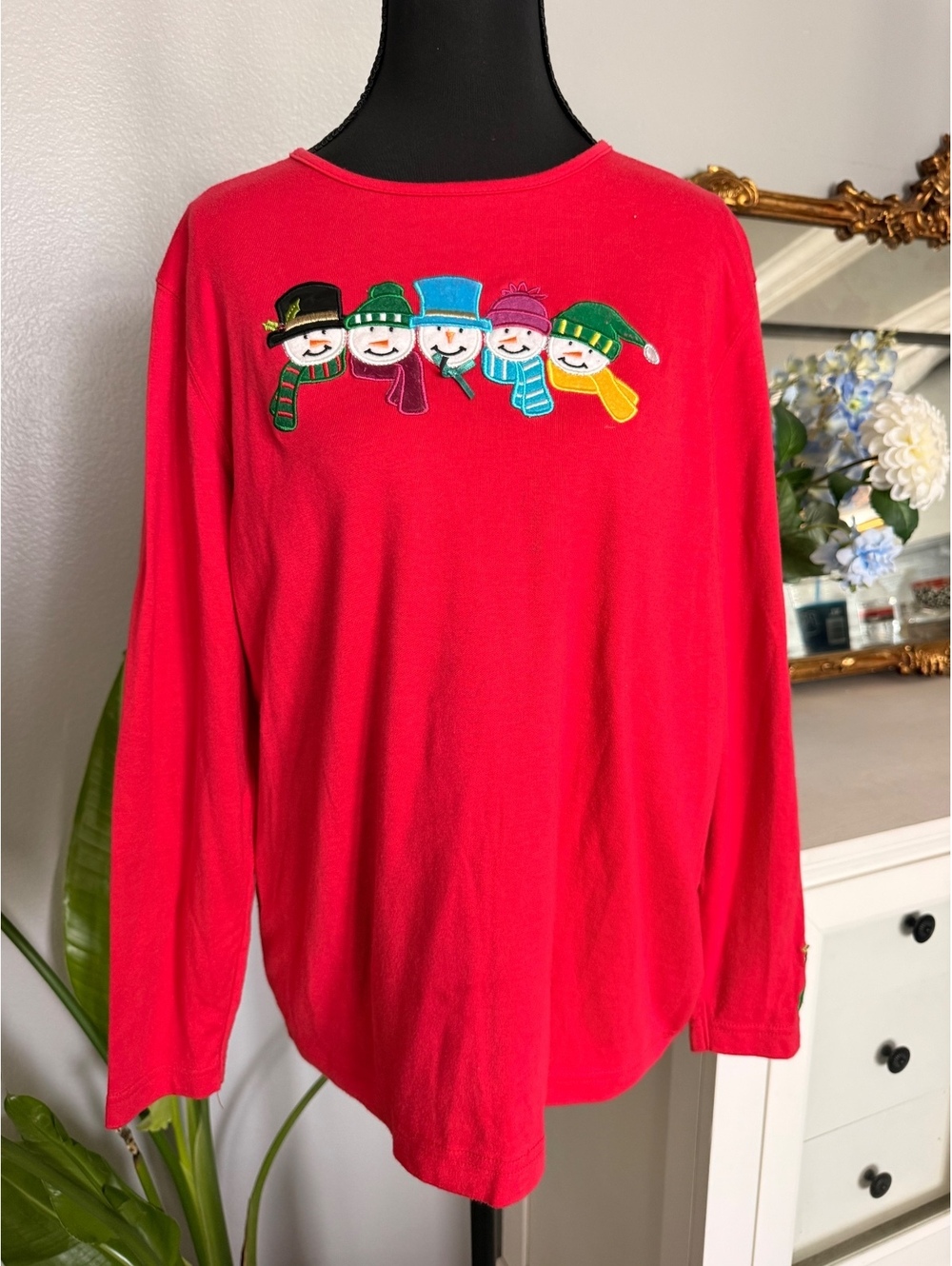 Vintage Christmas snowman appliqué long sleeve top - grandmacore